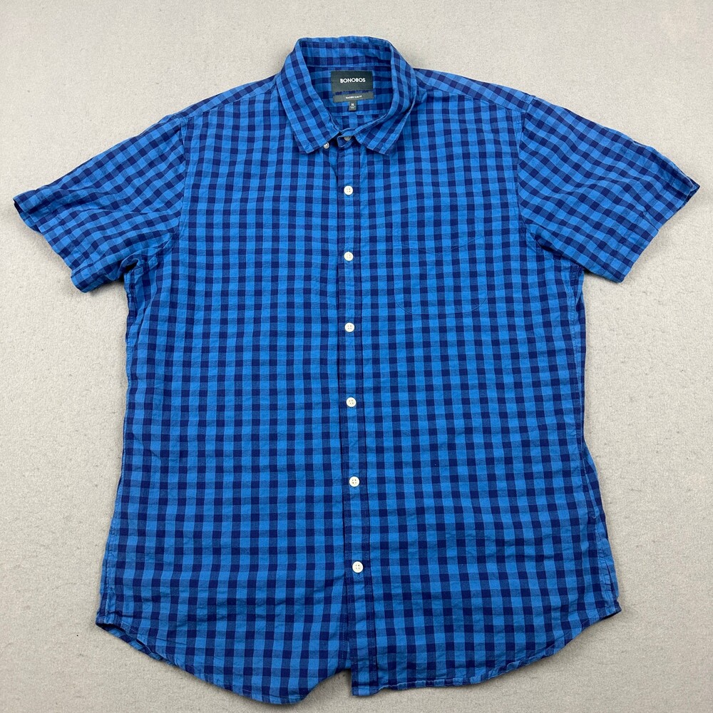 Bonobos Shirt Men XL Blue Check Tailored Slim Fit Short Sleeve Button Up